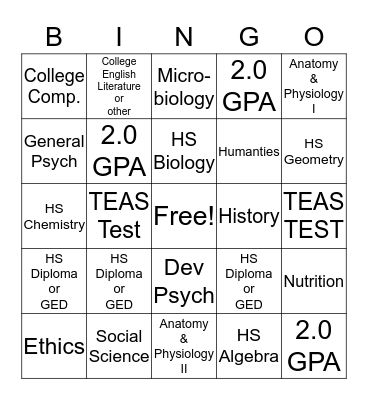 Admission Bingo Card