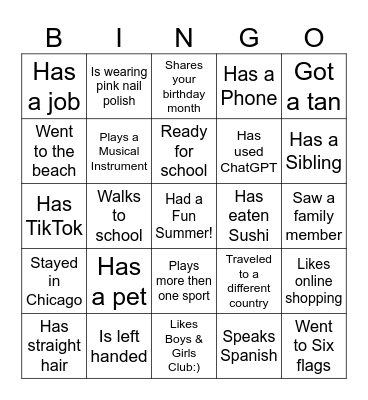 Get to know You Bingo Card