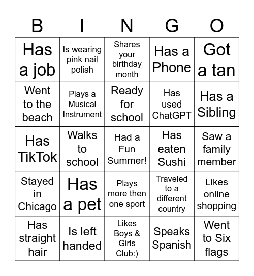 Get to know You Bingo Card