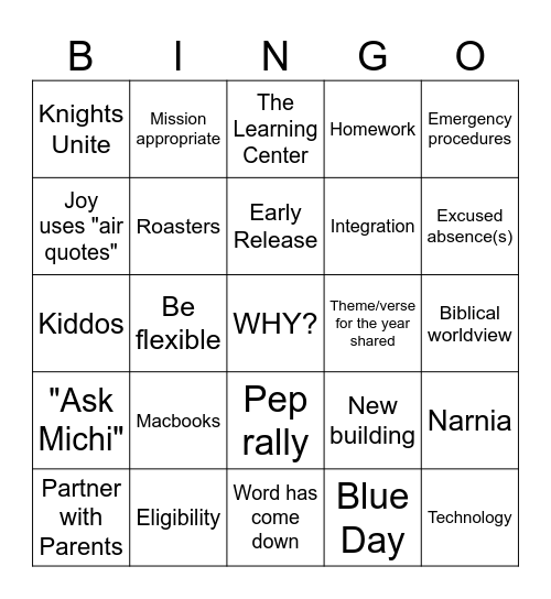 In-Service Bingo Card