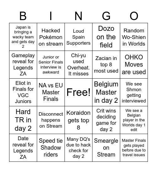 Pokémon VGC Worlds 2024 Bingo Card