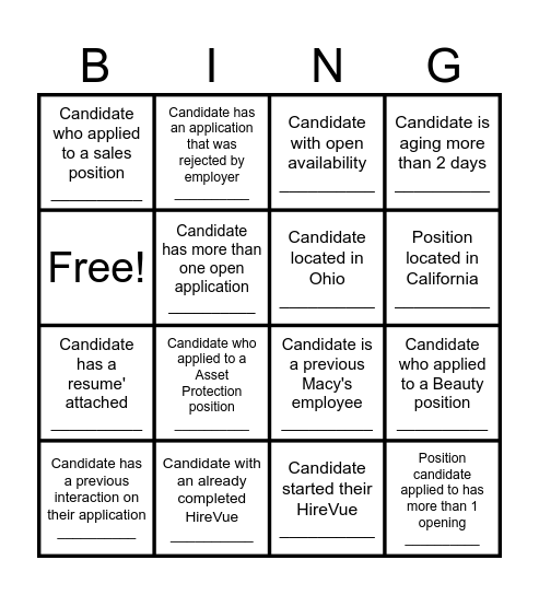 HireVue Reminder Bingo Card