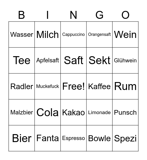 Getränke Bingo Card