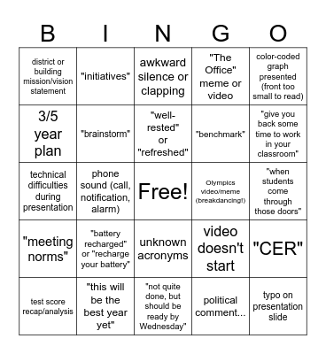 First Days Bingo Card