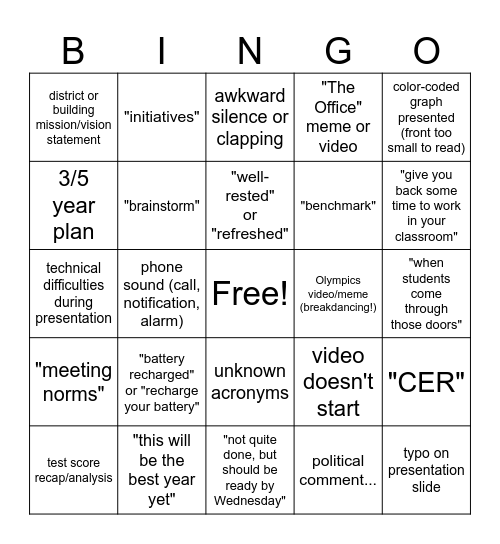 First Days Bingo Card