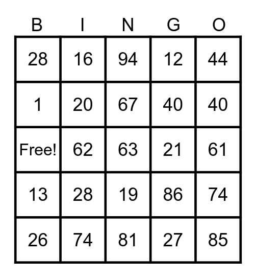 Number Bingo 1-99 Bingo Card