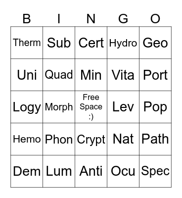 Root Words Bingo Card