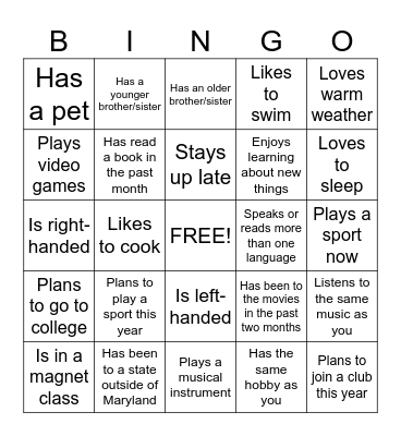 New Student Bingo Card