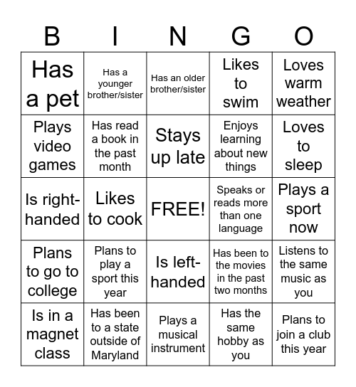 New Student Bingo Card