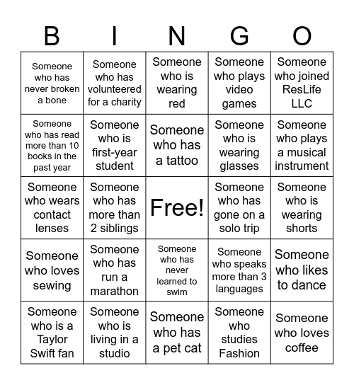 ResLife Speed Friending Human Bingo Card