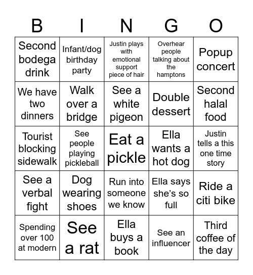 Ella’s NYC Adventure Bingo Card