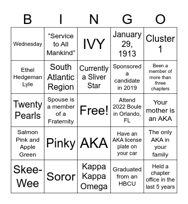 Kappa Kappa Omega Bingo Card