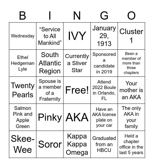 Kappa Kappa Omega Bingo Card