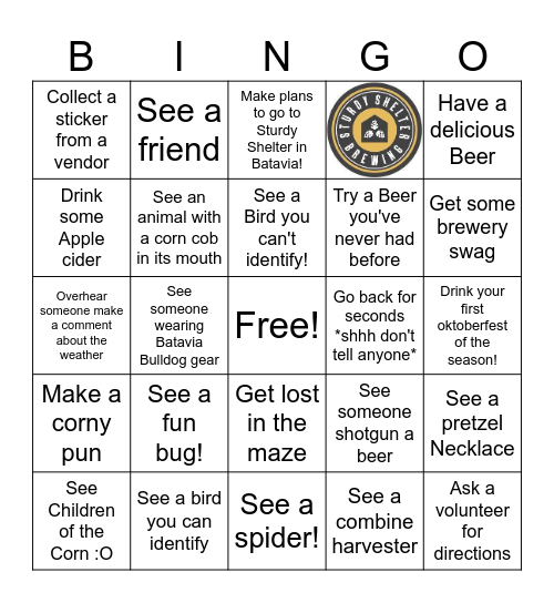 Corn Maze Bingo Card