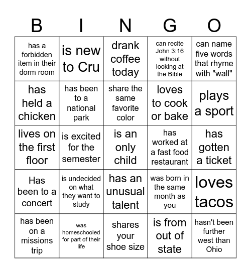 Cru Bingo Card