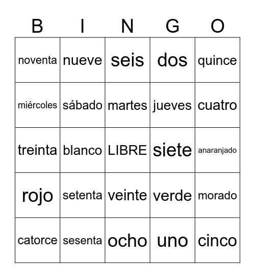 Spanish Review Bingo Card