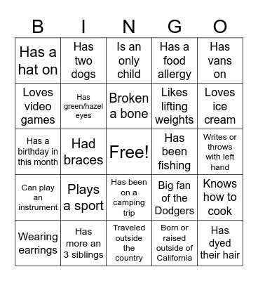 Physical Education Bingo Card