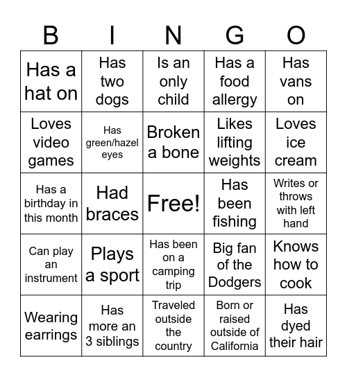 Physical Education Bingo Card