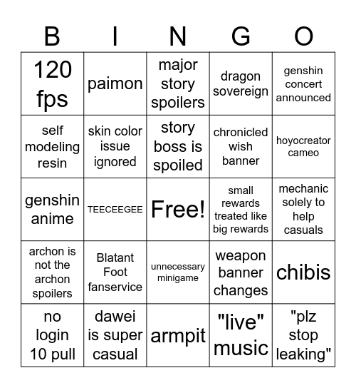 Genshin 5.0 Livestream Bingo Card