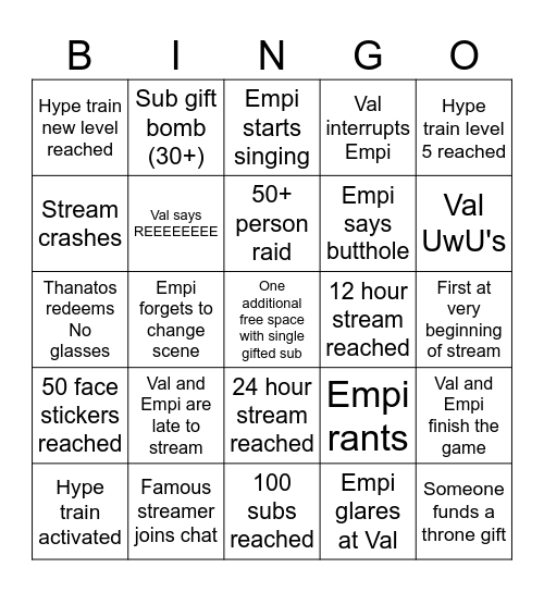 It Takes Two Subathon Bingo! Bingo Card