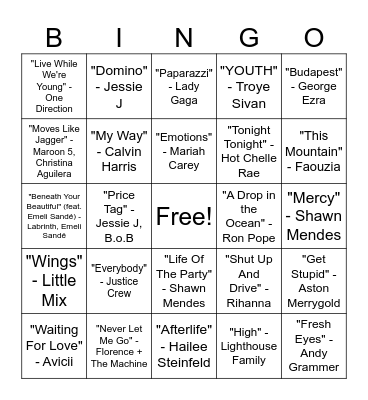 Music Bingo Round #2 Bingo Card