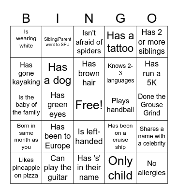 Ice breaker Bingo Card