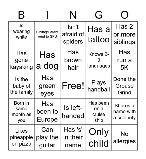 Ice breaker Bingo Card