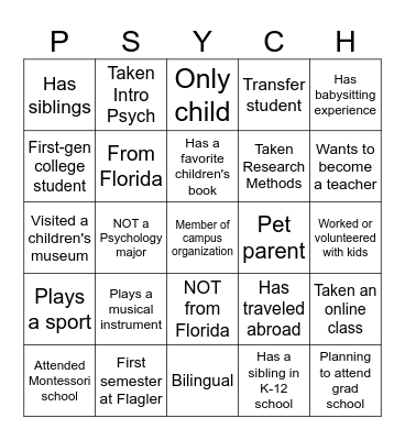 Child Psychology Bingo Card