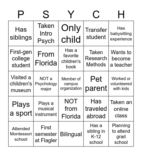 Child Psychology Bingo Card