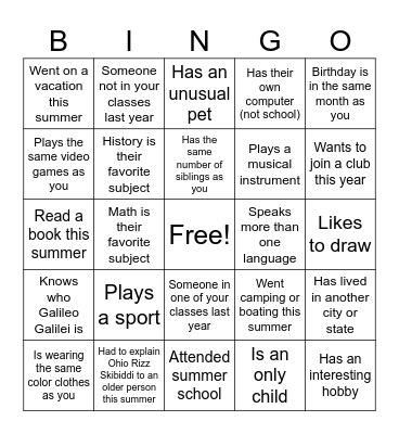 High School Classmate Bingo Card