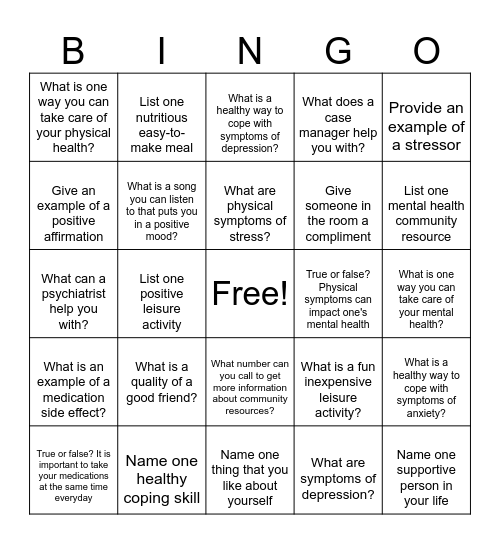 Mental Health Recovery Bingo Card