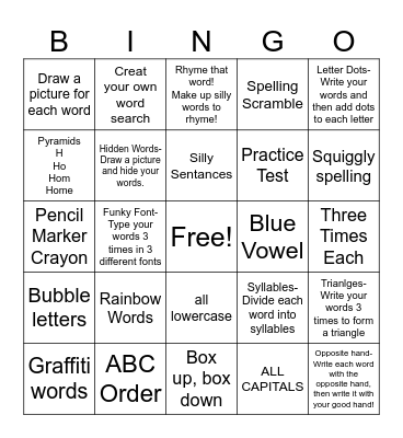 Spelling Bingo Card