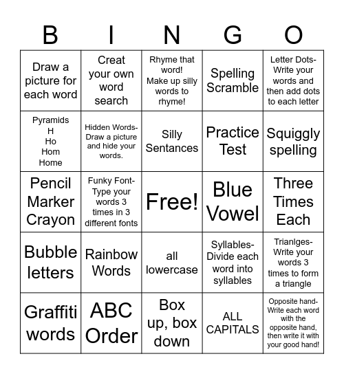 Spelling Bingo Card