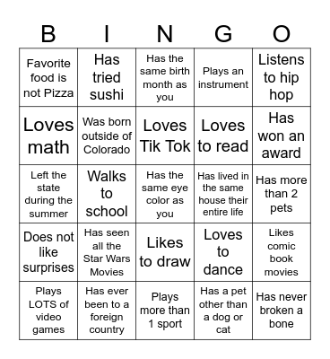 Middle School Bingo Card