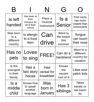 Get to know you Bingo Card