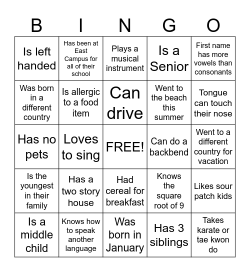 Get to know you Bingo Card