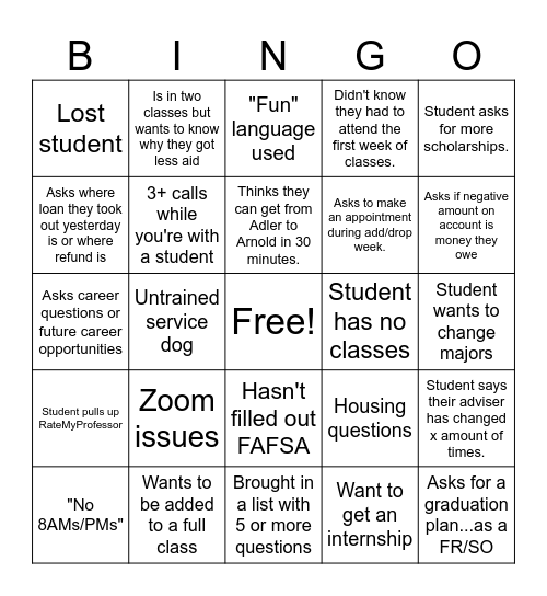 Add/Drop Bingo Card