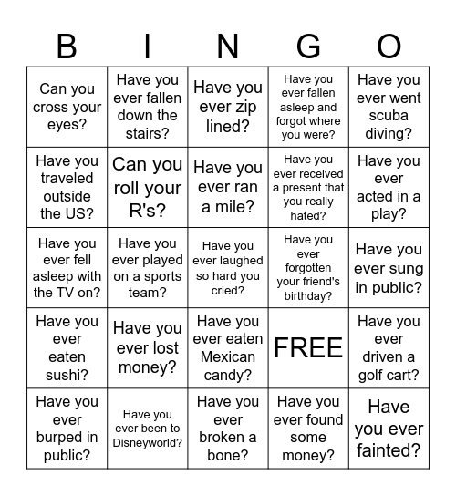 Have you ever Bingo Card