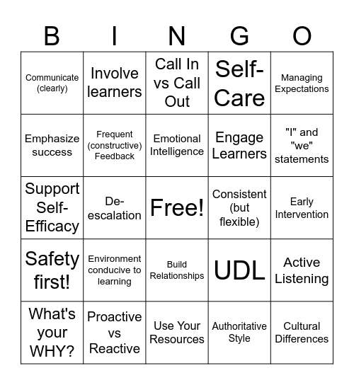 Classroom Management Buzzwords Bingo Card