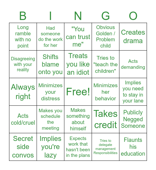 Covert Narcissistic Boss Bingo Card