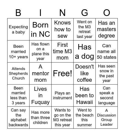 Mom to Mom Bingo Card