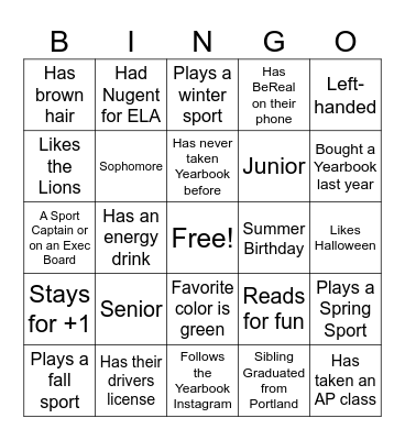 Yearbook Bingo Card