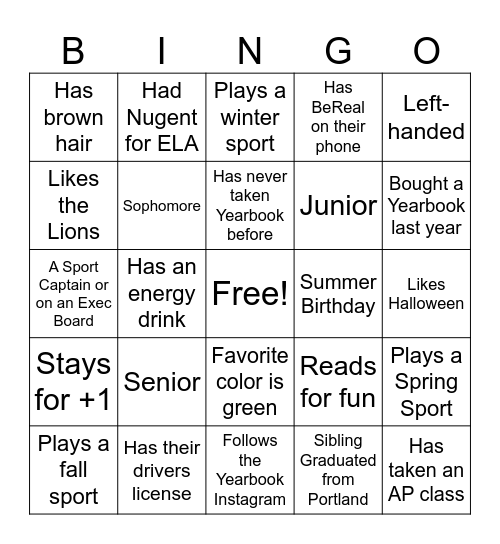 Yearbook Bingo Card