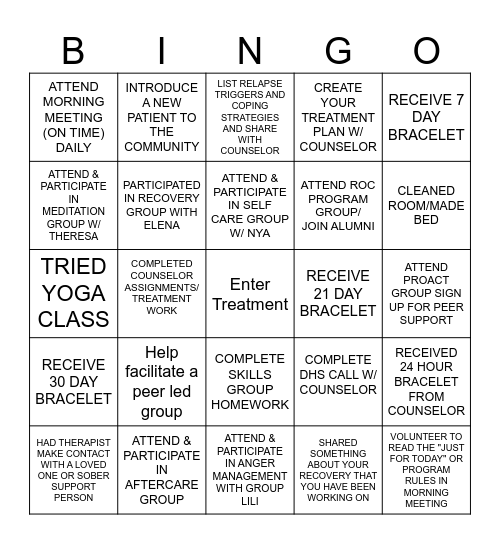 Treatment Bingo Card