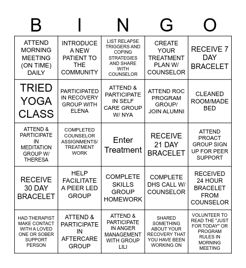 Treatment Bingo Card