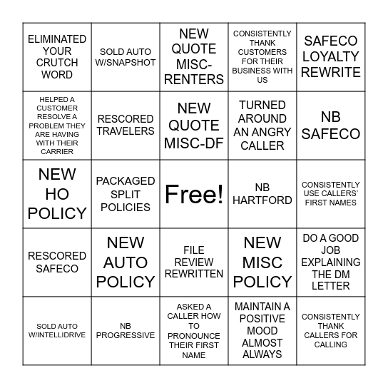 Brown & Brown Service Bingo Card