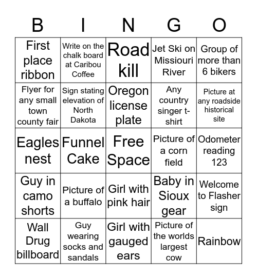 Gwen's Road Trip Bingo Game Bingo Card