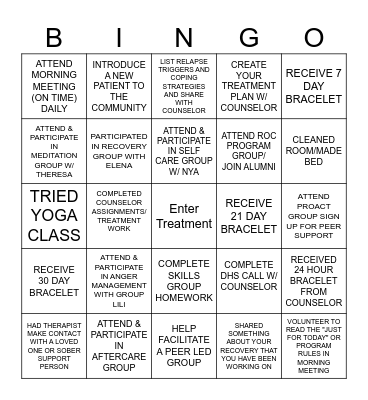 Treatment Bingo Card