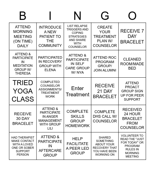 Treatment Bingo Card