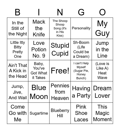 1950's Music Bingo Card